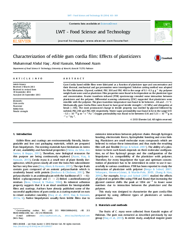 (PDF) Characterization of edible gum cordia film: Effects of plasticizers