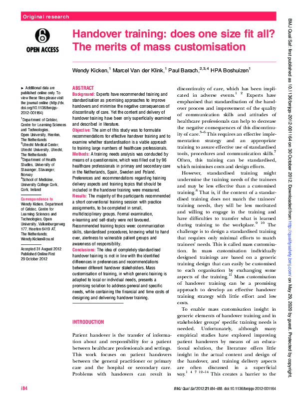 (PDF) Handover training: does one size fit all? The merits of mass ...