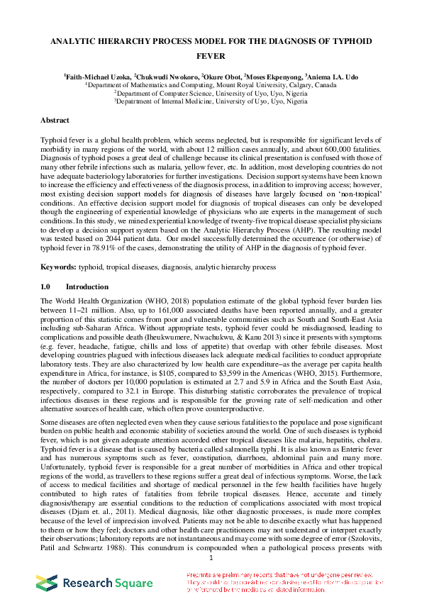 (PDF) Analytic Hierarchy Process Model for the Diagnosis of Typhoid Fever