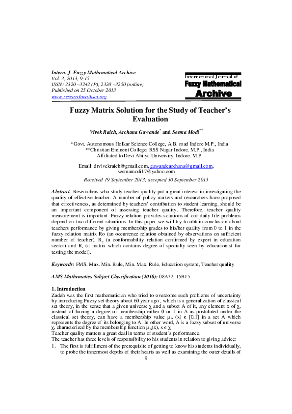 (PDF) Fuzzy Matrix Solution for the Study of Teacher’s Evaluation