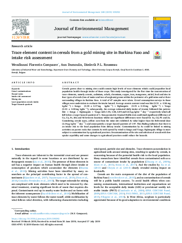 Trace element content in cereals from a gold mining site in Burkina ...