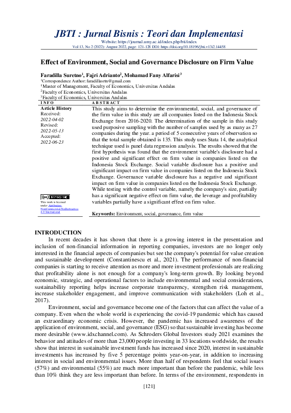 (PDF) Effect of Environment, Social and Governance Disclosure on Firm Value