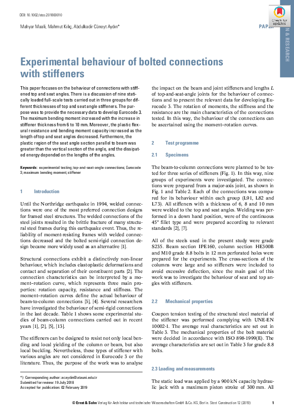 (PDF) Experimental behaviour of bolted connections with stiffeners