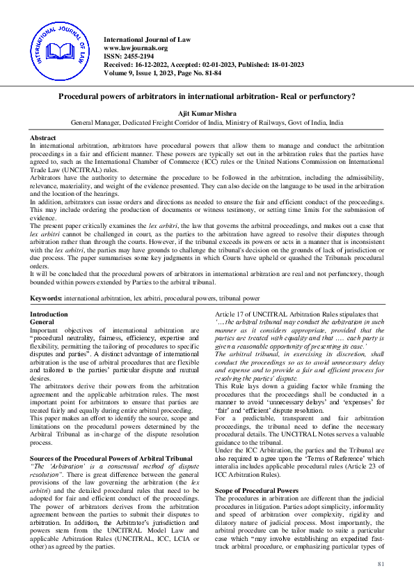 (PDF) Procedural powers of arbitrators in international arbitration ...