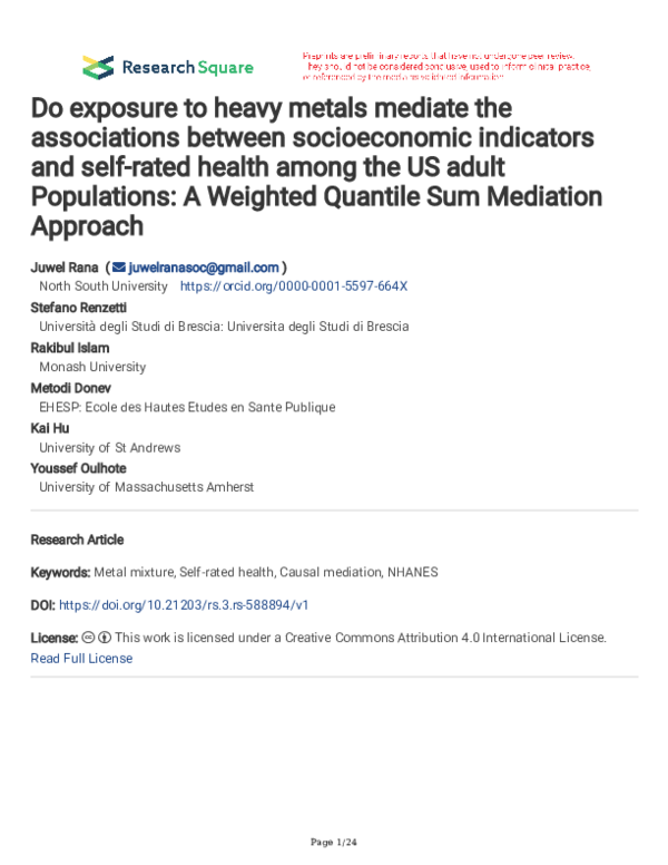 Do exposure to heavy metals mediate the associations between socioeconomic indicators and self-rated health among the US adult Populations: A Weighted Quantile Sum Mediation Approach