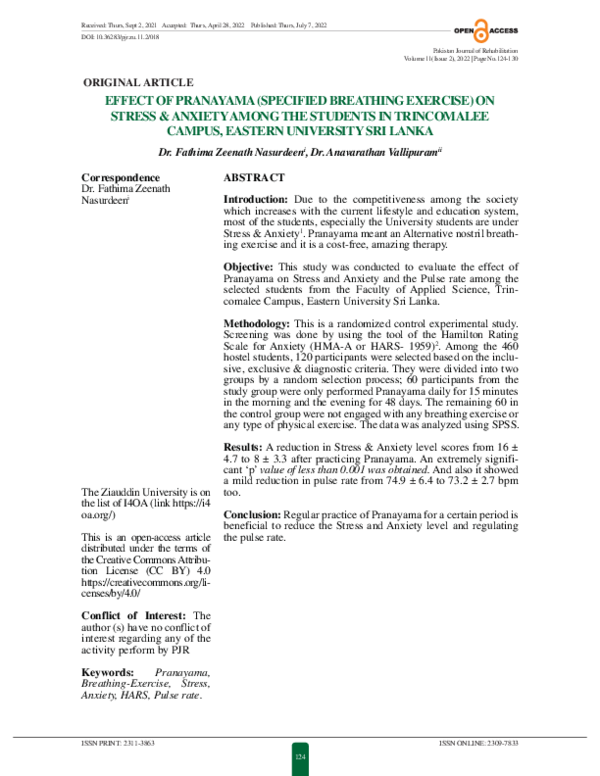 (PDF) Effect of Pranayama (Specified Breathing Exercise) on Stress ...