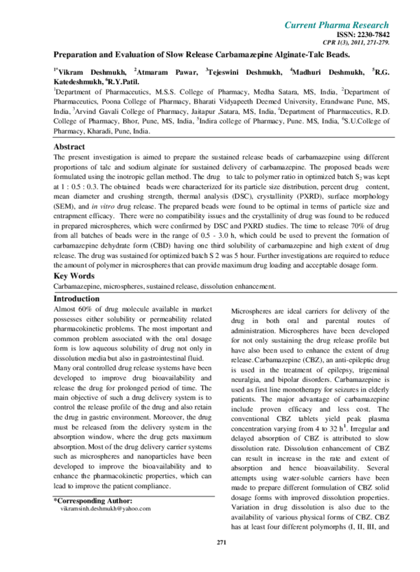 (PDF) Preparation and Evaluation of Slow Release Carbamazepine Alginate ...
