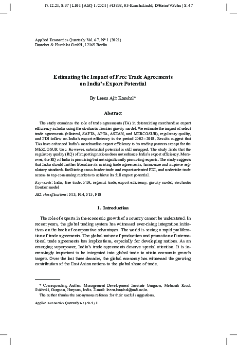 (PDF) Estimating the Impact of Free Trade Agreements on India's Export ...
