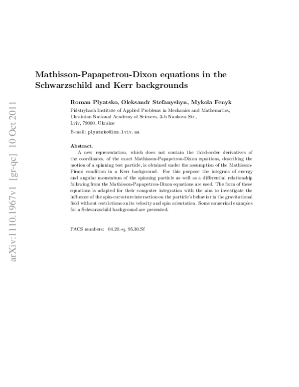 (PDF) Mathisson–Papapetrou–Dixon equations in the Schwarzschild and ...