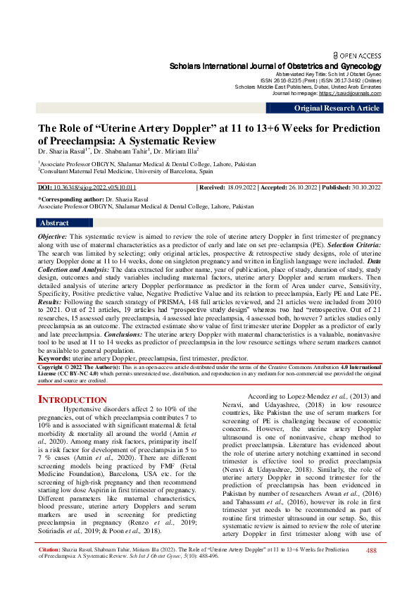 (PDF) The Role of “Uterine Artery Doppler” at 11 to 13+6 Weeks for ...