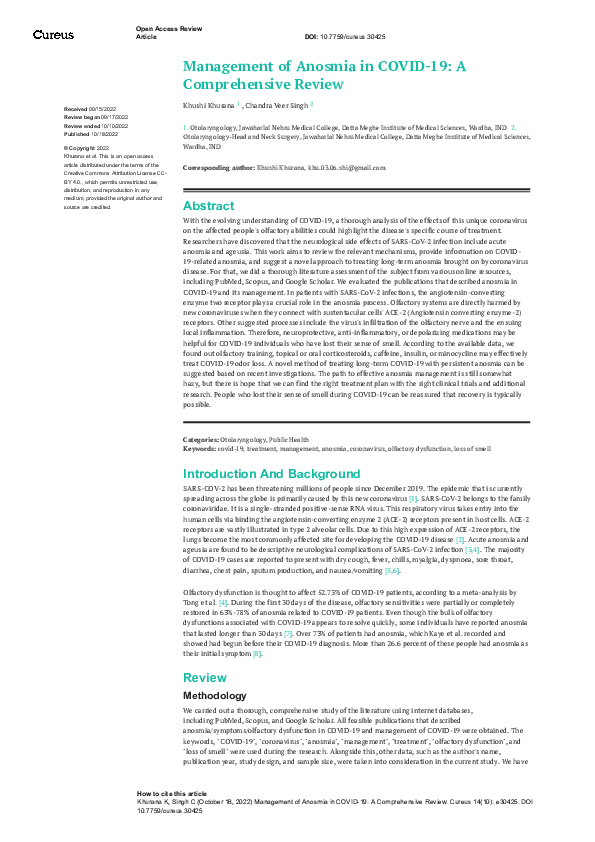 (PDF) Management of Anosmia in COVID-19: A Comprehensive Review