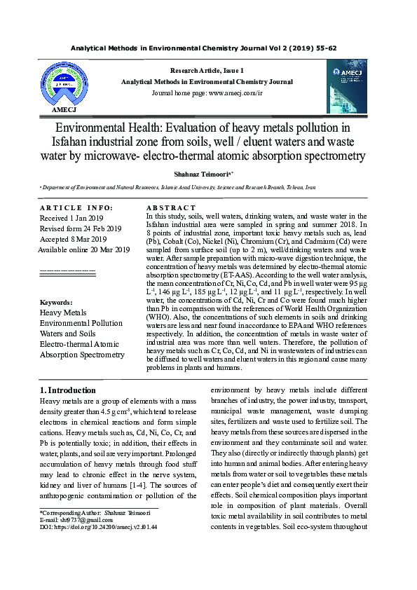 (PDF) Environmental Health: Evaluation of heavy metals pollution in ...