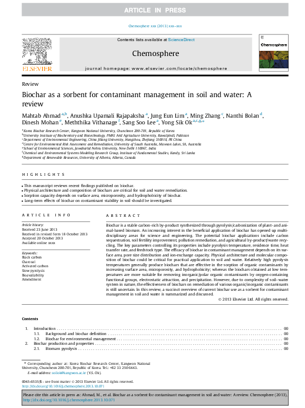 (PDF) Biochar as a sorbent for contaminant management in soil and water ...