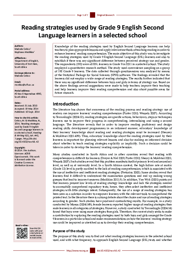 (PDF) Reading strategies used by Grade 9 English Second Language ...