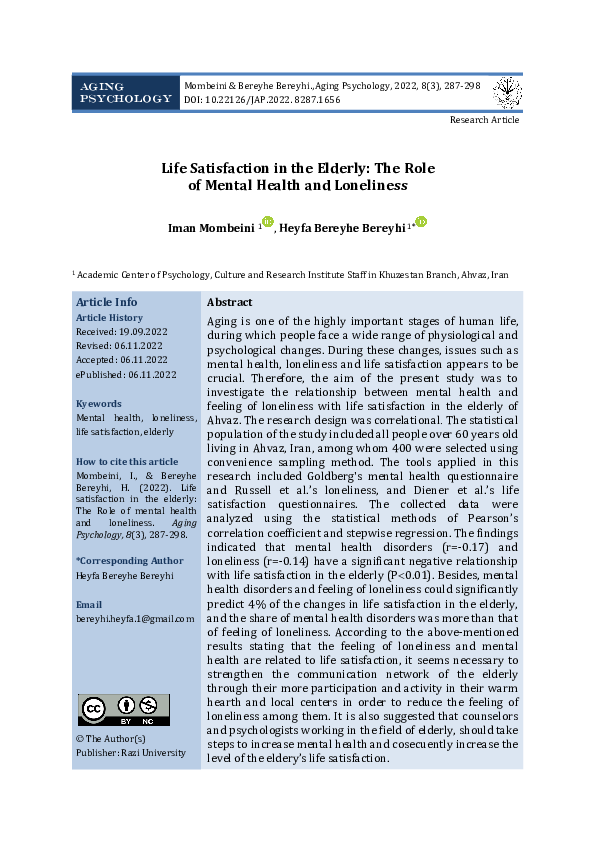 (PDF) Life Satisfaction in the Elderly: The Role of Mental Health and ...