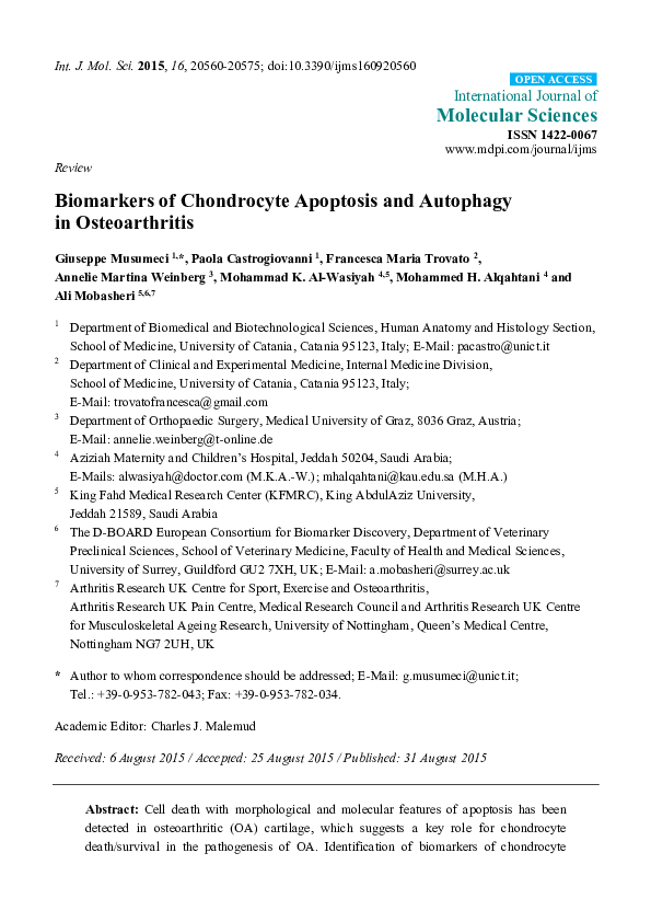 (PDF) Biomarkers of Chondrocyte Apoptosis and Autophagy in Osteoarthritis