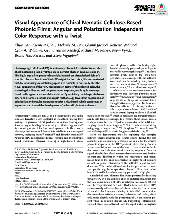 (PDF) Visual Appearance of Chiral Nematic Cellulose‐Based Photonic ...