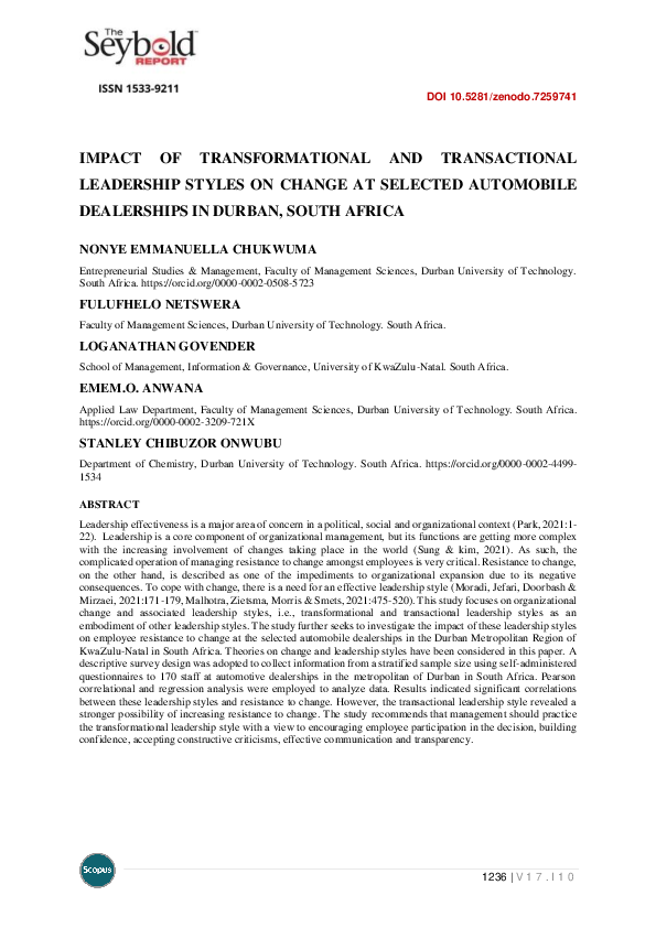 (PDF) Impact of Transformational and Transactional Leadership Styles on ...