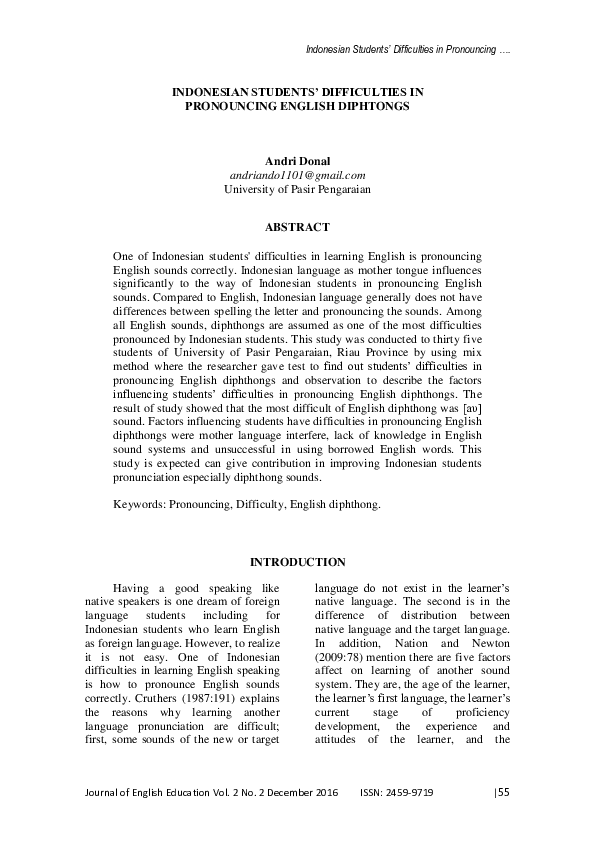 (PDF) Indonesian Students’ Difficulties in Pronouncing English Diphtongs