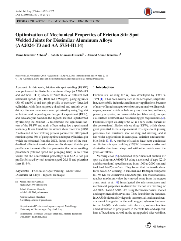 (PDF) Optimization of Mechanical Properties of Friction Stir Spot ...