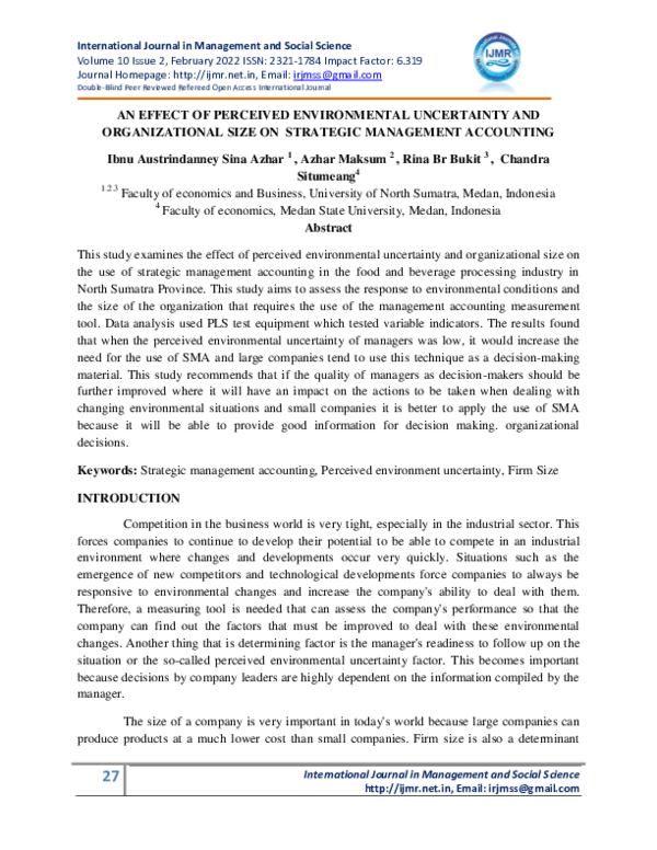 (PDF) AN EFFECT OF PERCEIVED ENVIRONMENTAL UNCERTAINTY AND ...