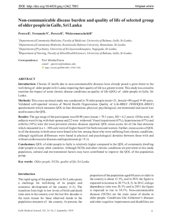 (PDF) Non-communicable disease burden and quality of life of selected ...