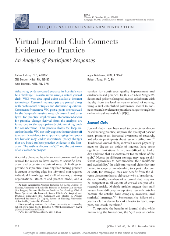 (PDF) Virtual Journal Club Connects Evidence to Practice