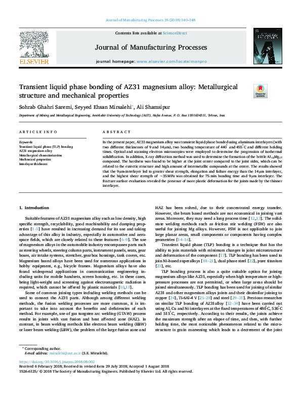 (PDF) Transient liquid phase bonding of AZ31 magnesium alloy ...