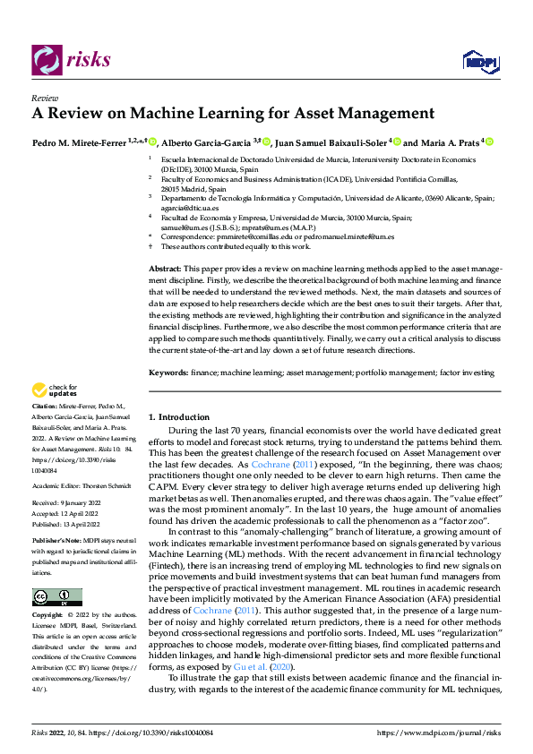 (PDF) A Review on Machine Learning for Asset Management