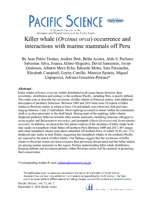 (PDF) Killer Whale (Orcinus orca) Occurrence and Interactions with ...