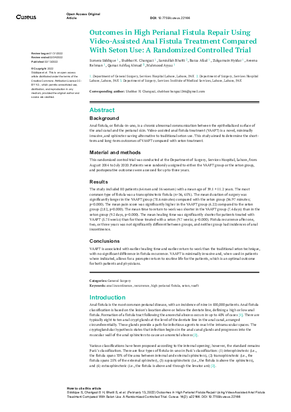 (PDF) Outcomes in High Perianal Fistula Repair Using Video-Assisted ...