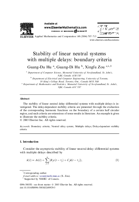 (PDF) Stability of linear neutral systems with multiple delays ...