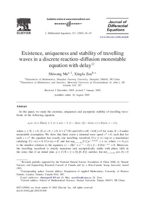 (PDF) Existence, uniqueness and stability of travelling waves in a ...