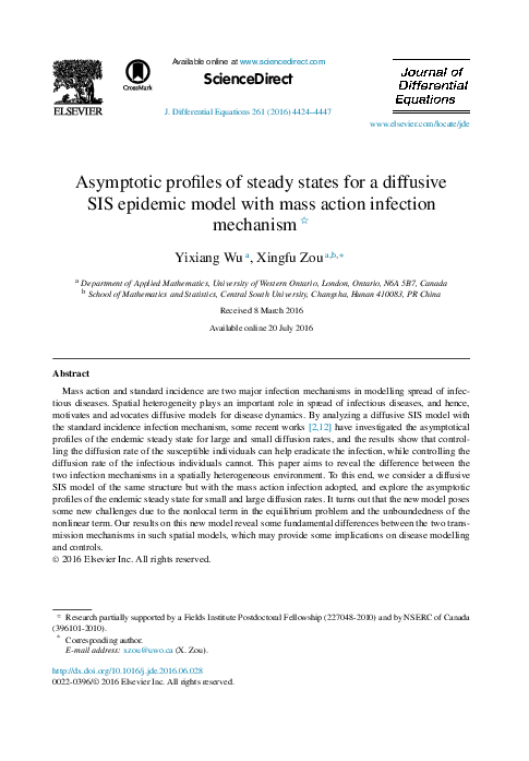 (PDF) Asymptotic profiles of steady states for a diffusive SIS epidemic ...