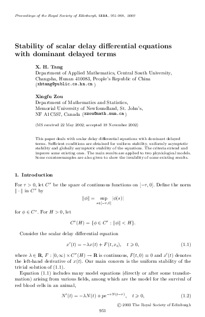 (PDF) Stability of scalar delay differential equations with dominant ...