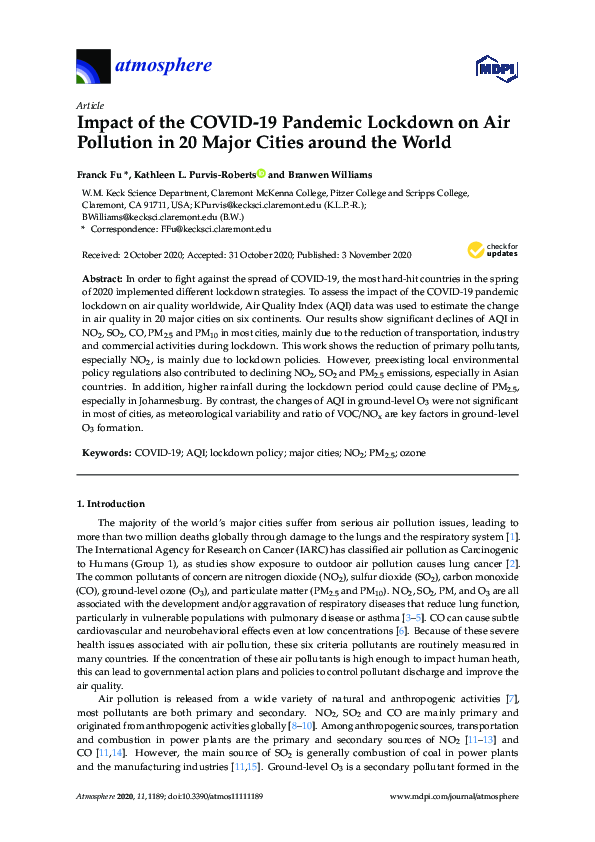 (PDF) Impact of COVID-19 pandemic lockdown on air pollution in 20 major ...