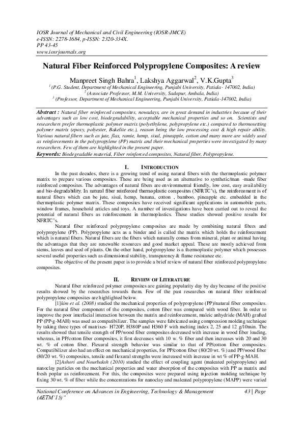 (PDF) Natural Fiber Reinforced Polypropylene Composites : A review