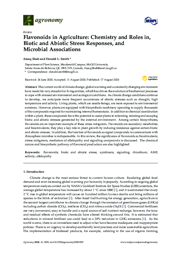 (PDF) Flavonoids in Agriculture: Chemistry and Roles in, Biotic and ...