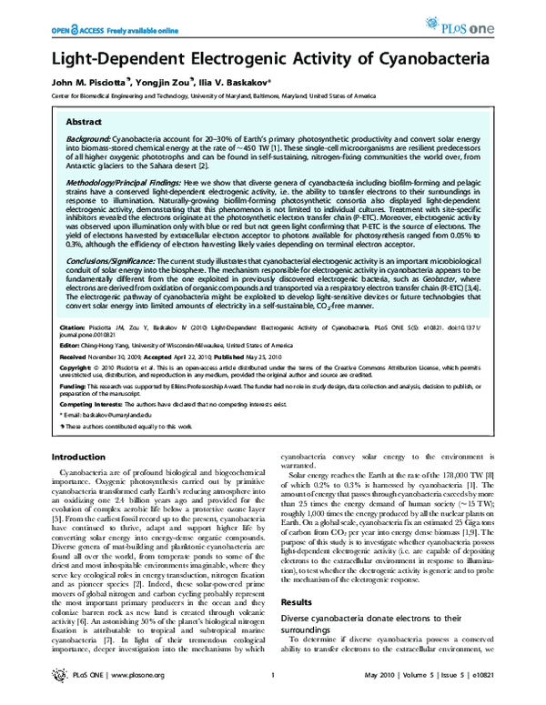 (PDF) Light-Dependent Electrogenic Activity of Cyanobacteria