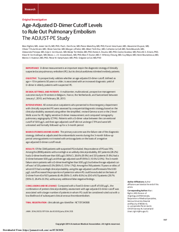 (PDF) AgeAdjusted DDimer Cutoff Levels to Rule Out Pulmonary Embolism