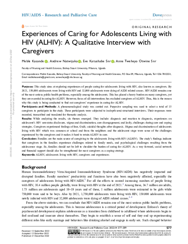 (PDF) Experiences of Caring for Adolescents Living with HIV (ALHIV): A ...