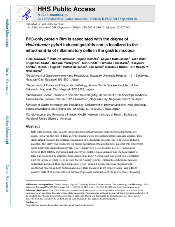 BH3-only protein Bim is associated with the degree of Helicobacter pylori-induced gastritis and is localized to the mitochondria of inflammatory cells in the gastric mucosa
