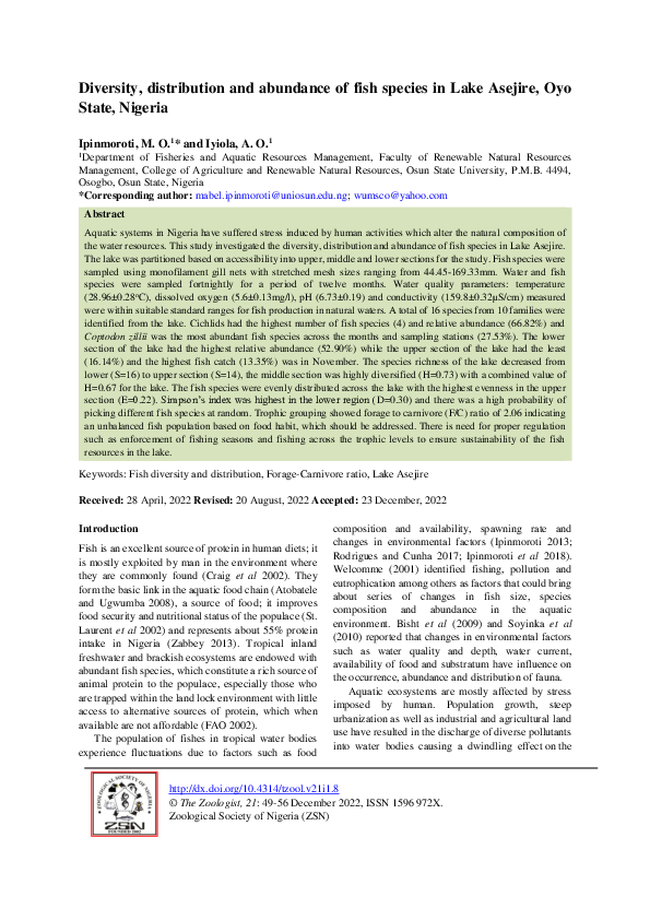 (PDF) Diversity, distribution and abundance of fish species in Lake ...
