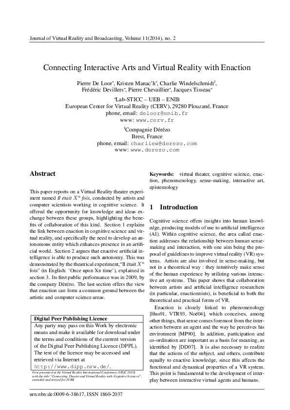 (PDF) Connecting Interactive Arts and Virtual Reality with Enaction
