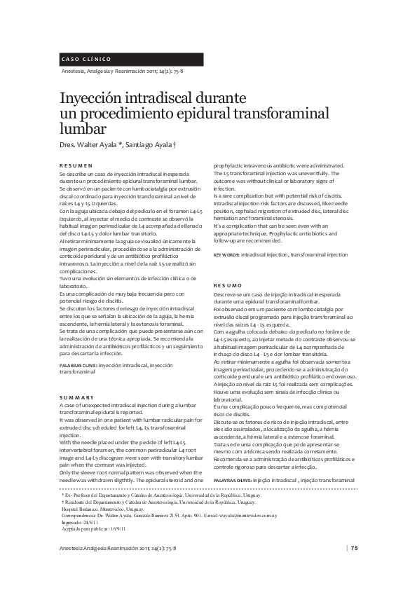 (PDF) Inyección intradiscal durante un procedimiento epidural ...