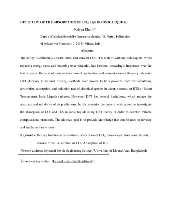 (PDF) DFT STUDY OF THE ABSORPTION OF CO2, H2S IN IONIC LIQUIDS