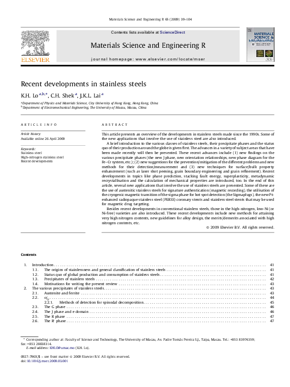 PDF) Recent developments in stainless steels