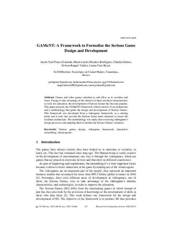 (PDF) GAMeNT: A Framework to Formalize the Serious Game Design and ...