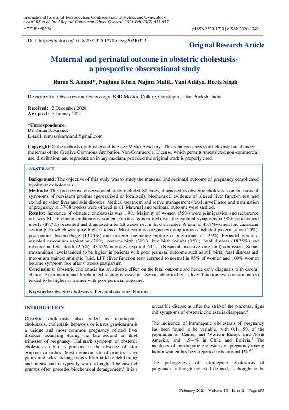 (PDF) Maternal and perinatal outcome in obstetric cholestasis- a ...