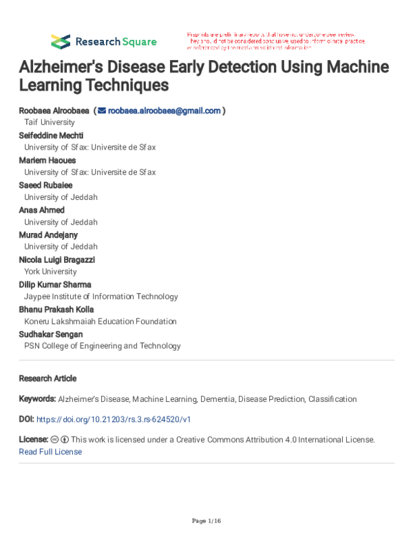 (PDF) Alzheimer's Disease Early Detection Using Machine Learning Techniques